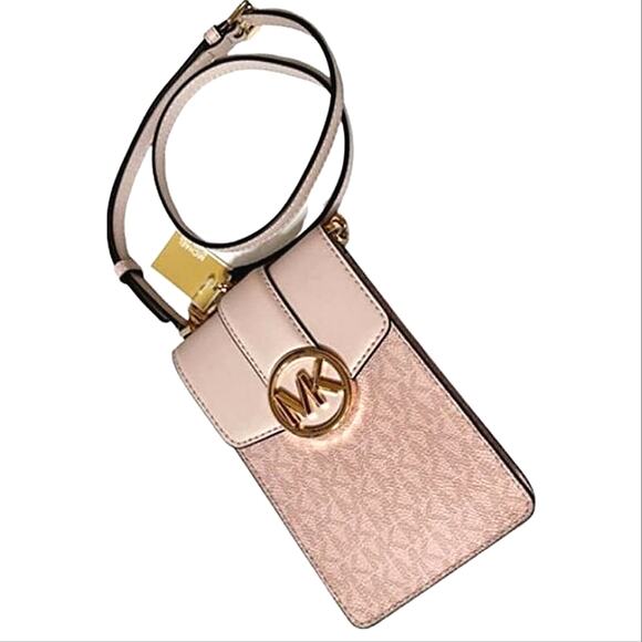 MICHAEL KORS SMARTPHONE CROSSBODY BAG "CARMEN" LOGO PRINT IN DARK POWDER BLUSH - Picture 1 of 11